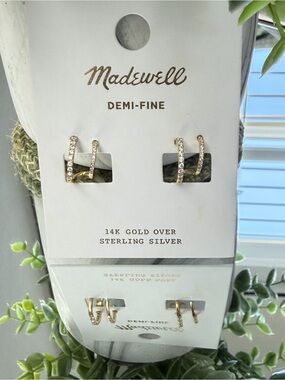 Madewell Demi-Fine Pavé Double Hoop Earrings 14K Gold Over Sterling Silver NWT.